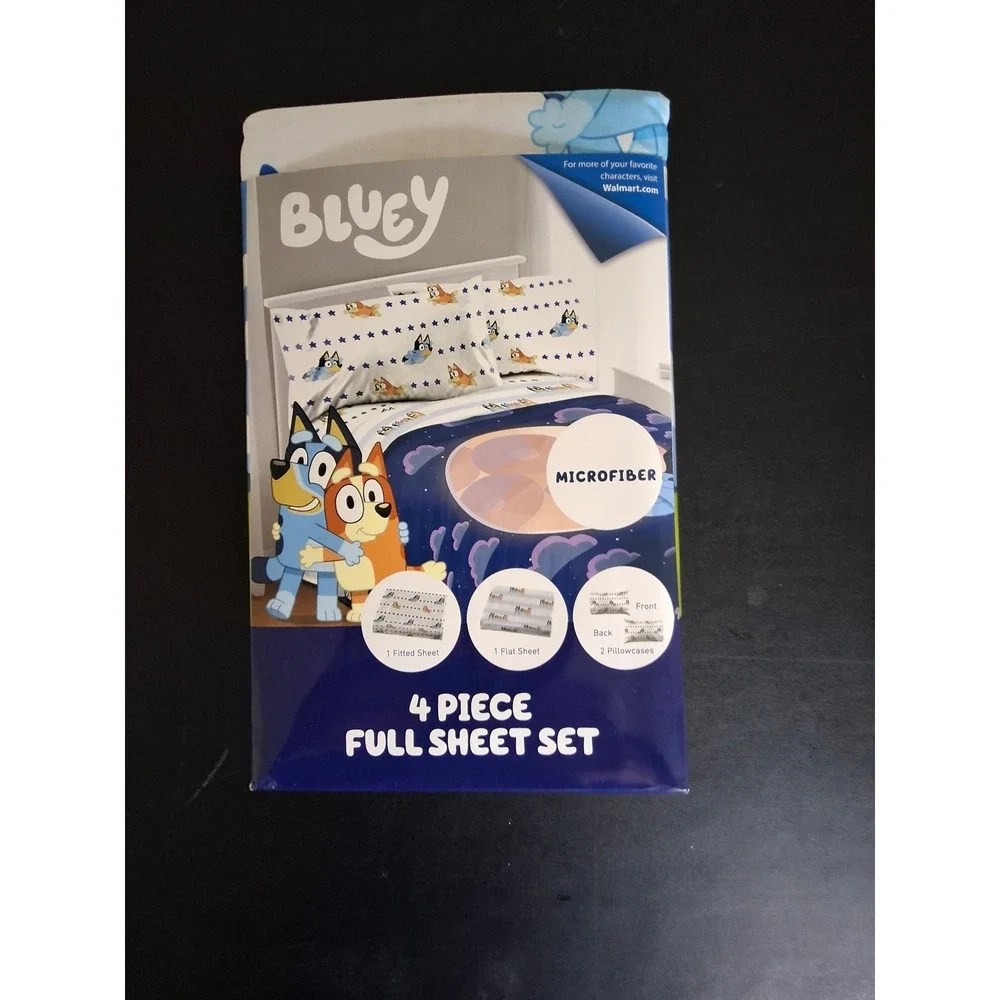 Bluey 4 Piece Full Sheet Set Microfiber Kids Bedding Blue White Bingo Heeler